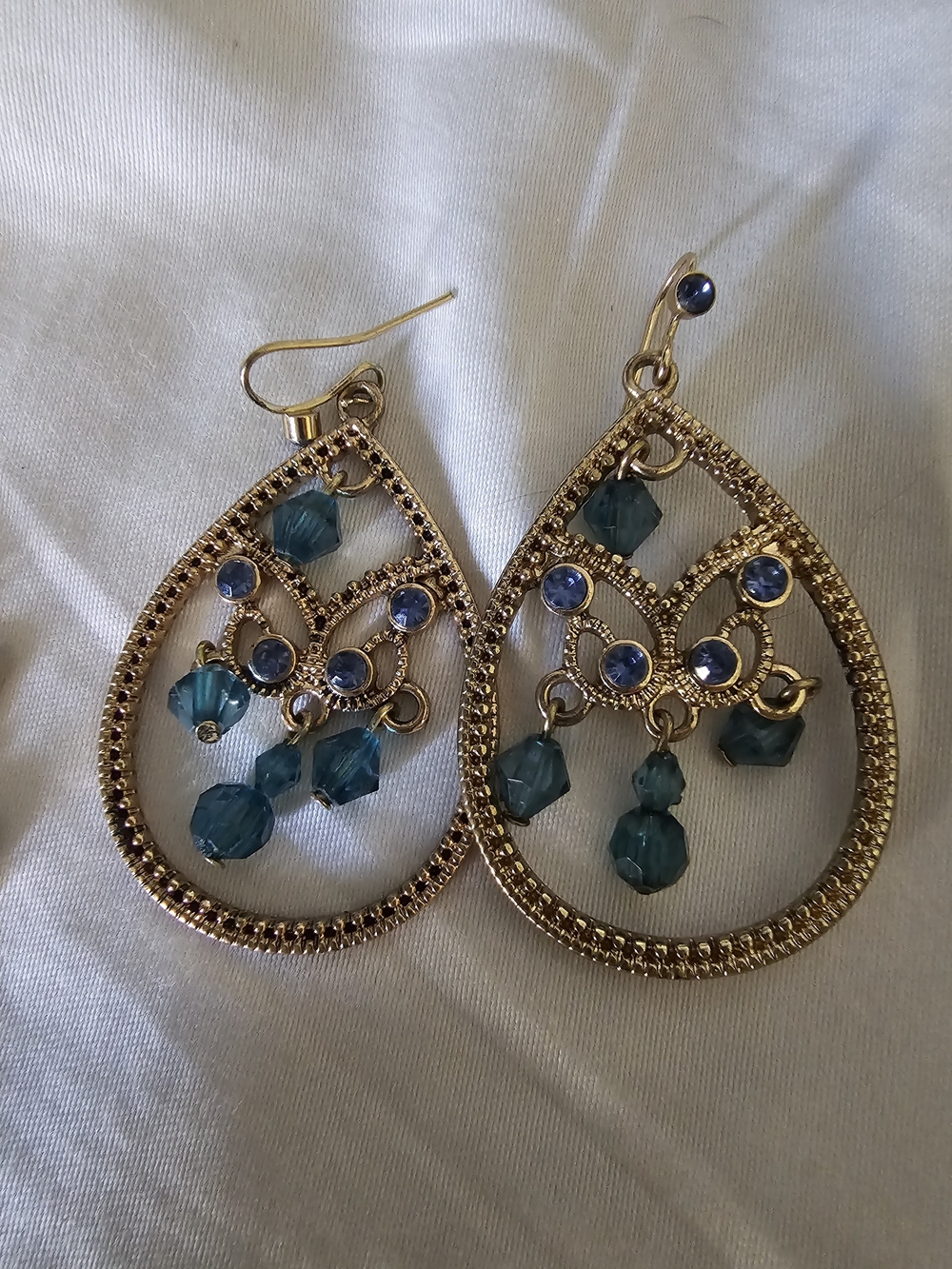 Gold Teardrop Earrings with Teal Crystal Drops